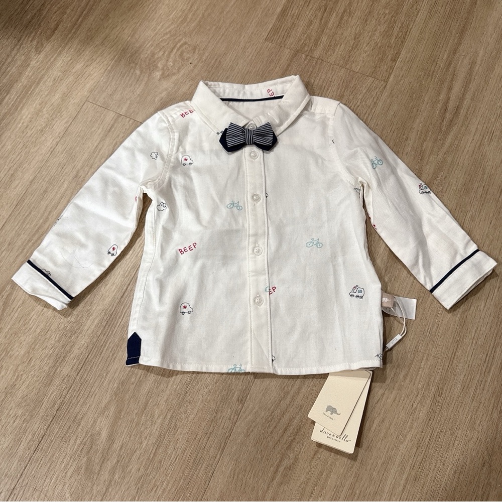 Dave&Bella White Button Down Shirt with Bow Tie 24M NWT